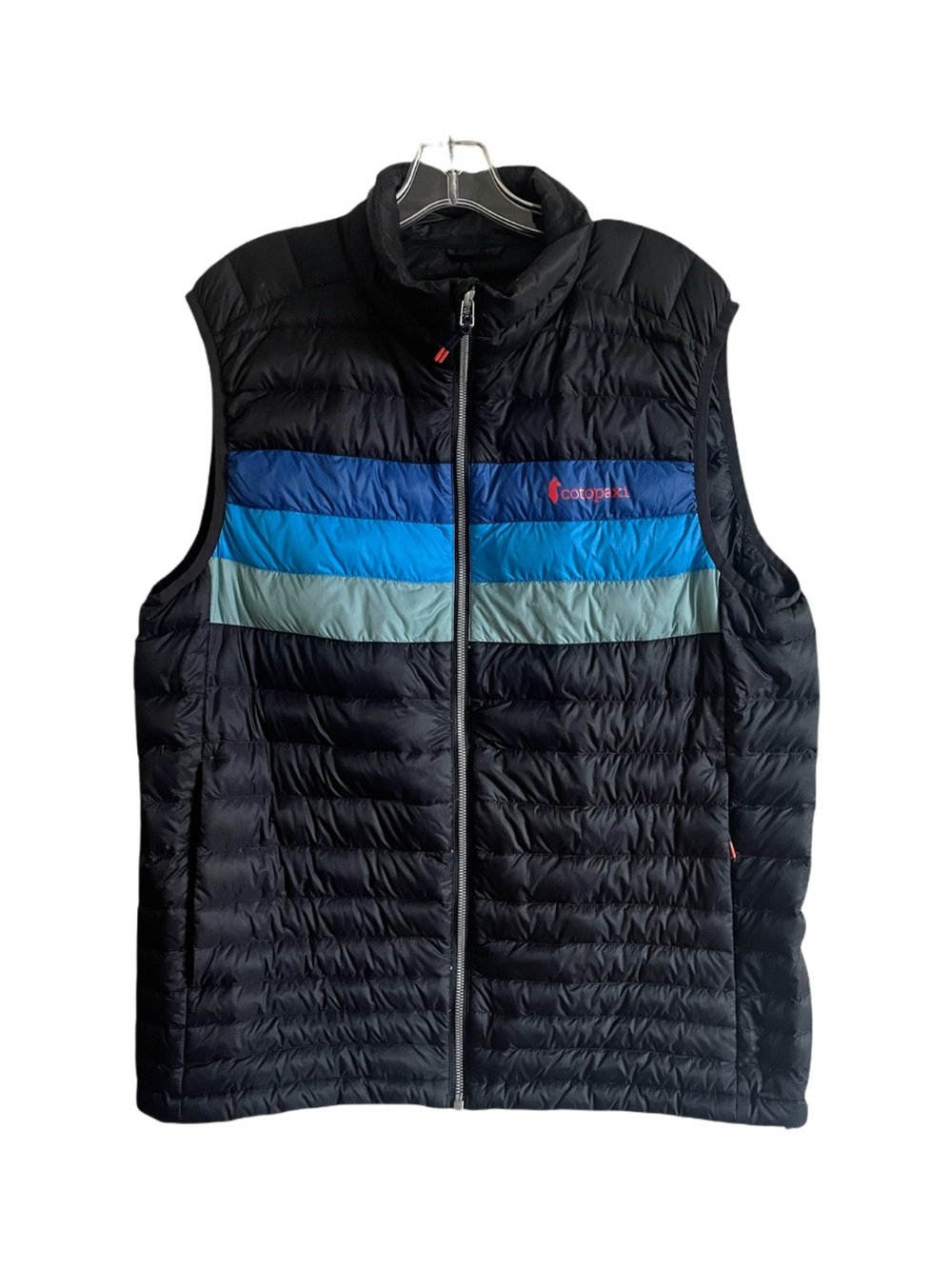 Cotopaxi Down Filled Light Weight Vest Black w/ Blue Stripes